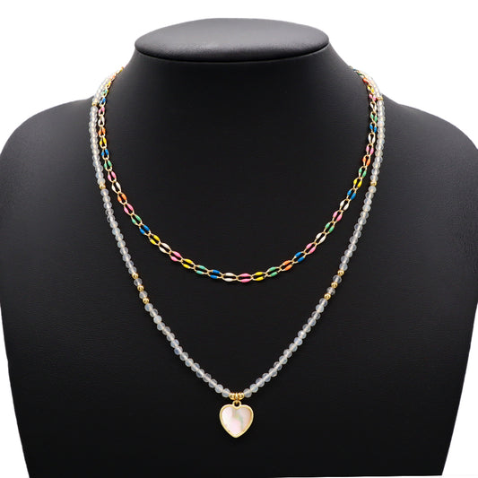 Handmade Custom Natural Stone Enamel Double Layer Shell Pendant Necklace