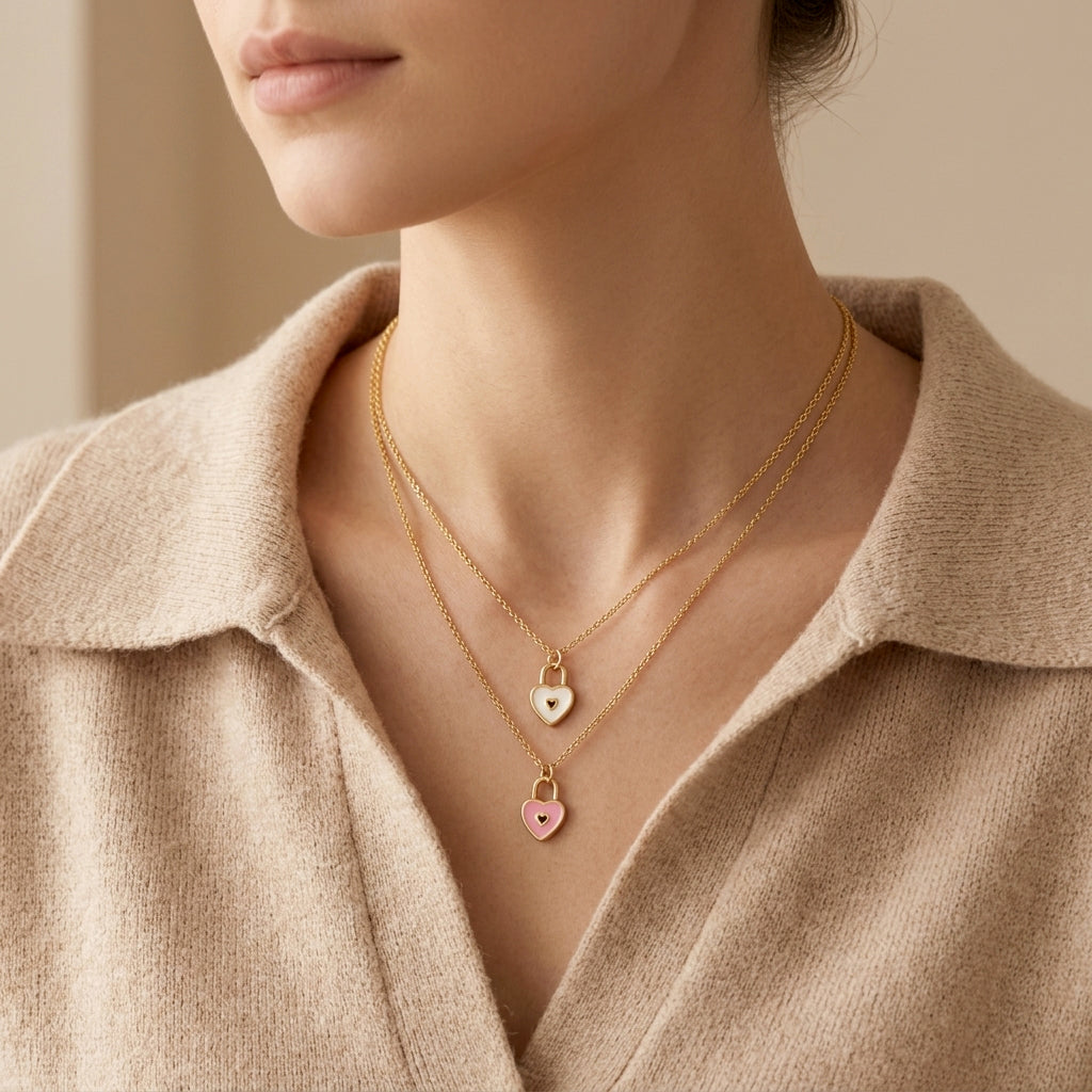 Plating Gold Heart Enamel Pendant Chain Necklace