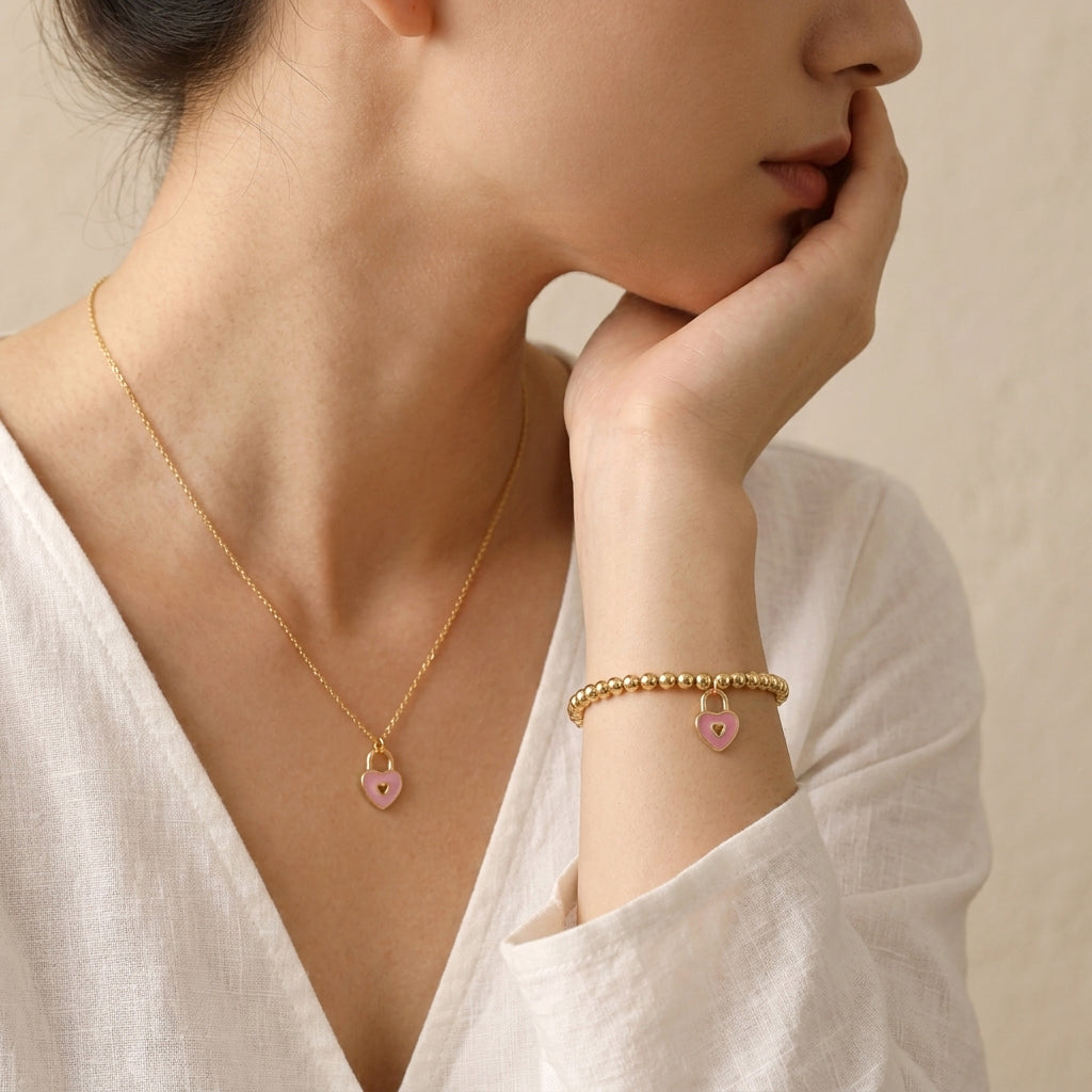 Plating Gold Heart Enamel Pendant Chain Necklace