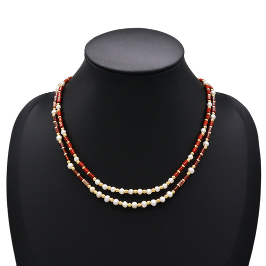 Handmade Customizable Natural Stone Necklace With Fresh Water Pearl