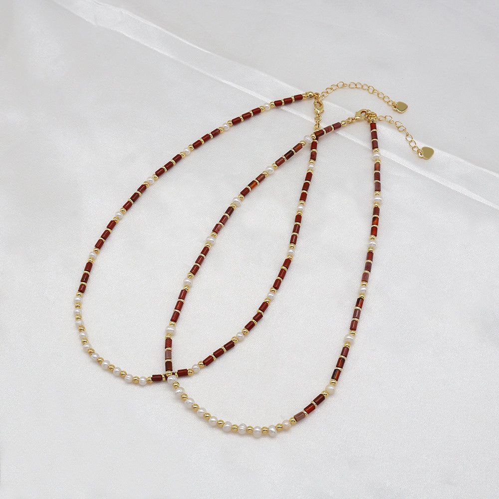 Handmade Customizable Natural Stone Necklace With Fresh Water Pearl