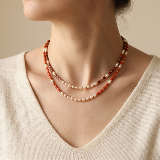 Handmade Natural Red Orange Carnelian Red Jasper Necklace With Fresh Water Pearl