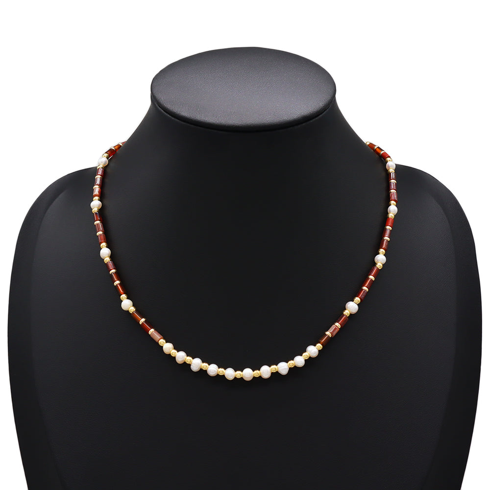 Handmade Customizable Natural Stone Necklace With Fresh Water Pearl