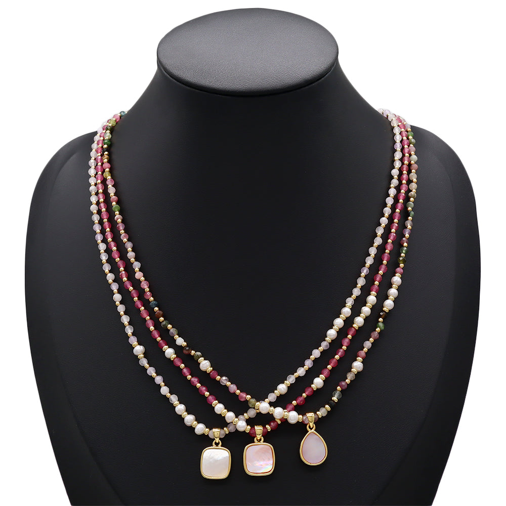Handmade Customizable Natural Stone Beads Necklace With Shell Fresh Water Pearl Pendant