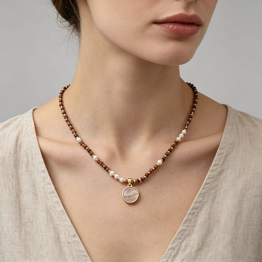 Handmade Customizable Natural Stone Beads Necklace With Shell Fresh Water Pearl Pendant