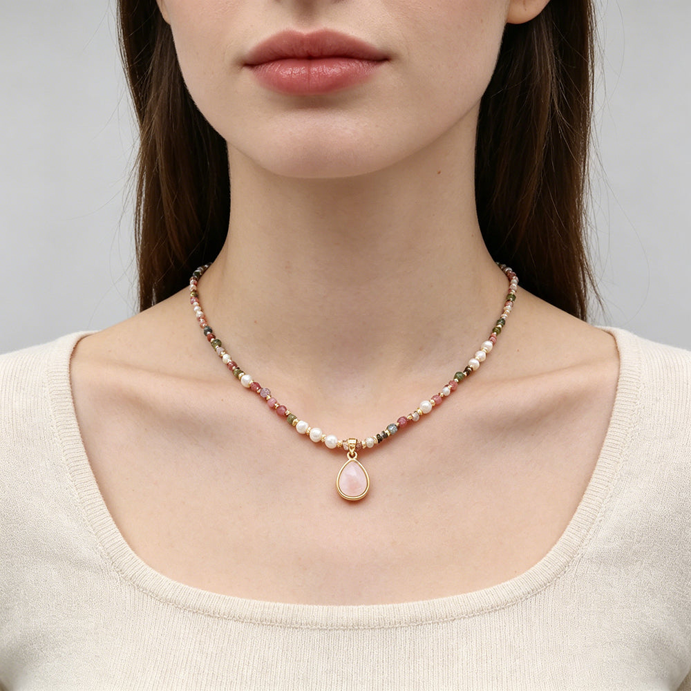 Handmade Customizable Natural Stone Beads Necklace With Shell Fresh Water Pearl Pendant