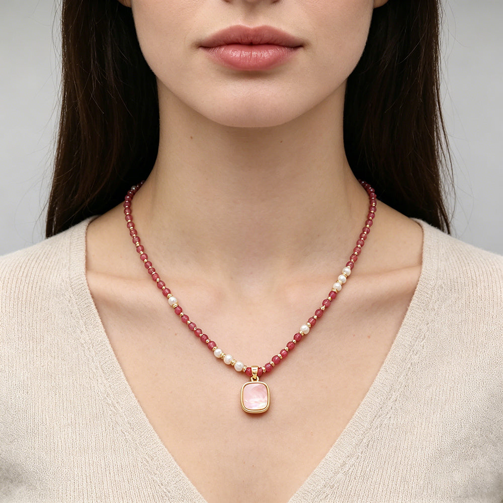 Handmade Customizable Natural Stone Beads Necklace With Shell Fresh Water Pearl Pendant