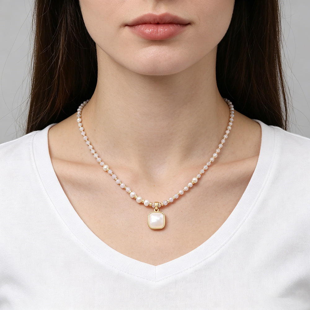 Handmade Customizable Natural Stone Beads Necklace With Shell Fresh Water Pearl Pendant