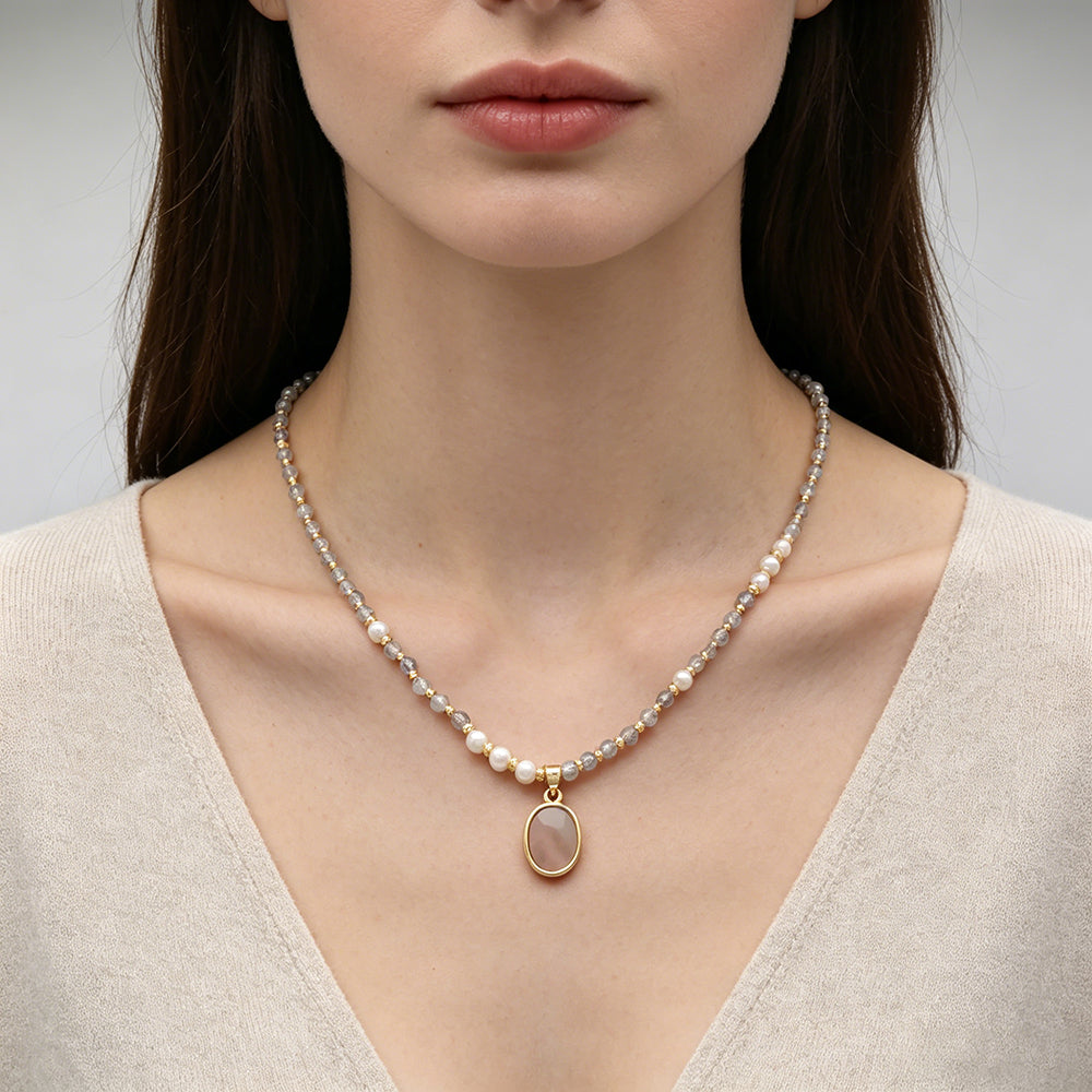 Handmade Customizable Natural Stone Beads Necklace With Shell Fresh Water Pearl Pendant