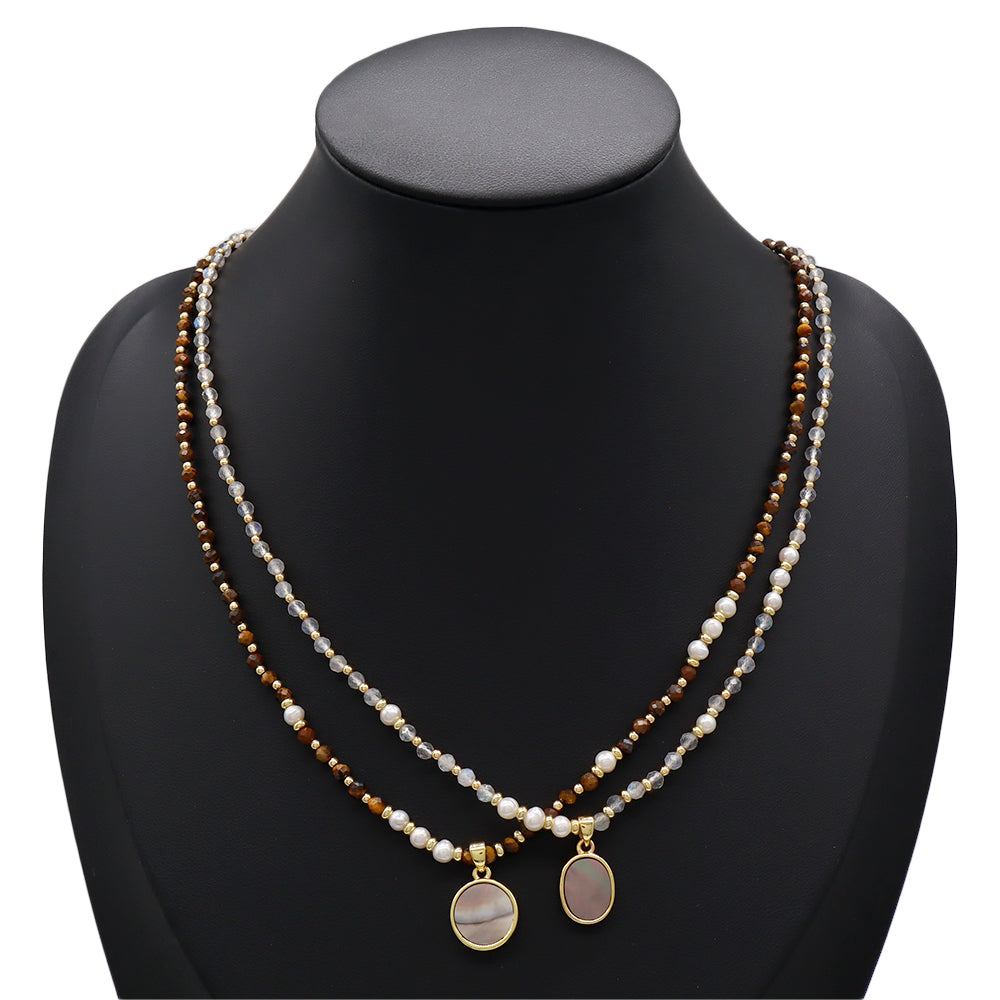 Handmade Customizable Natural Stone Beads Necklace With Shell Fresh Water Pearl Pendant