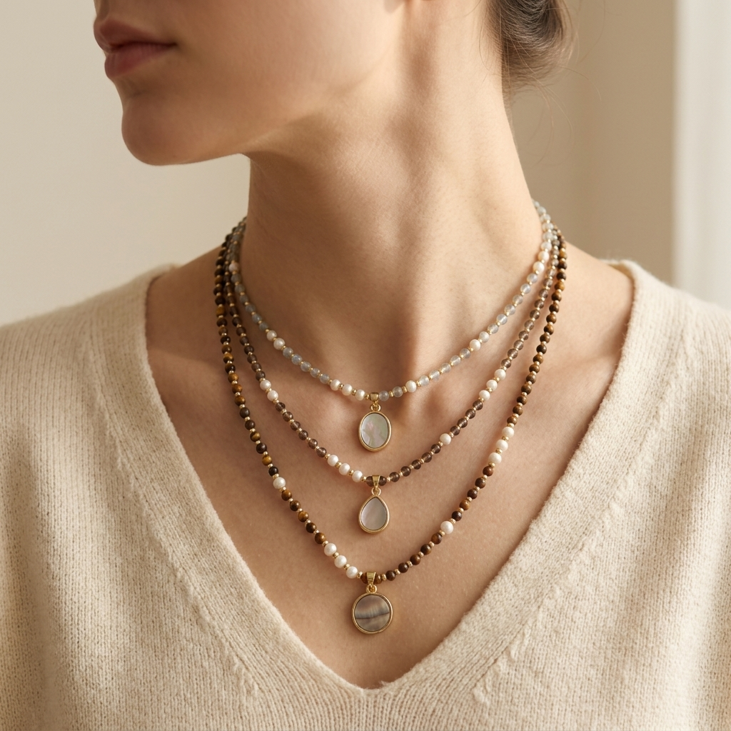 Handmade Customizable Natural Stone Beads Necklace With Shell Fresh Water Pearl Pendant
