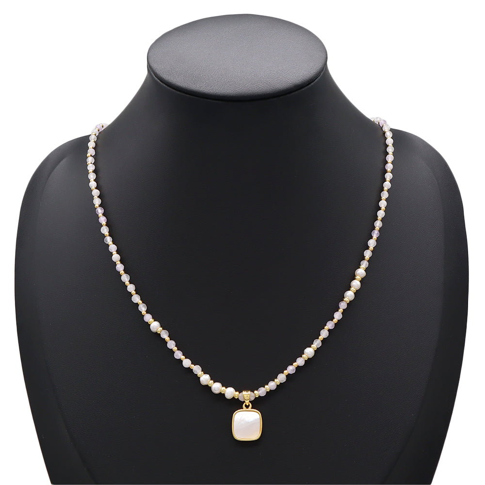Handmade Customizable Natural Stone Beads Necklace With Shell Fresh Water Pearl Pendant