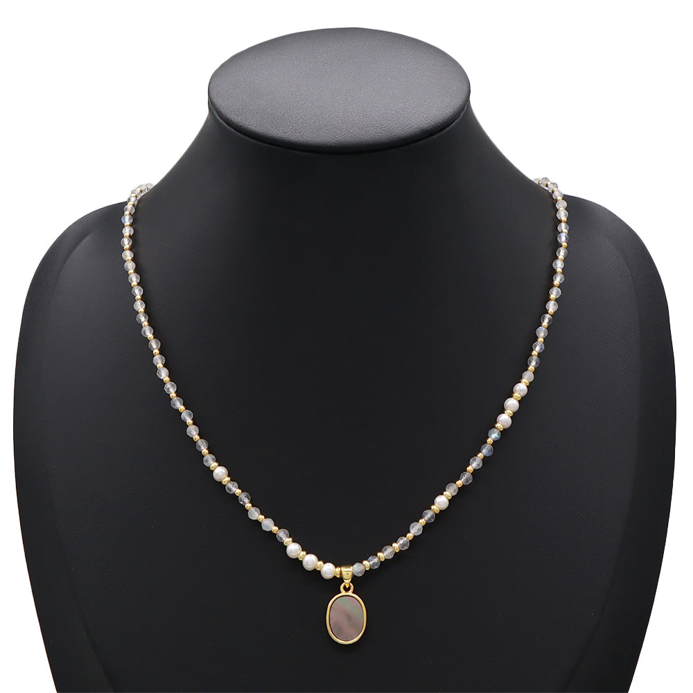 Handmade Customizable Natural Stone Beads Necklace With Shell Fresh Water Pearl Pendant