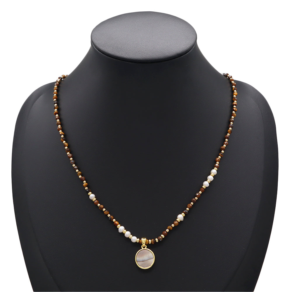 Handmade Customizable Natural Stone Beads Necklace With Shell Fresh Water Pearl Pendant