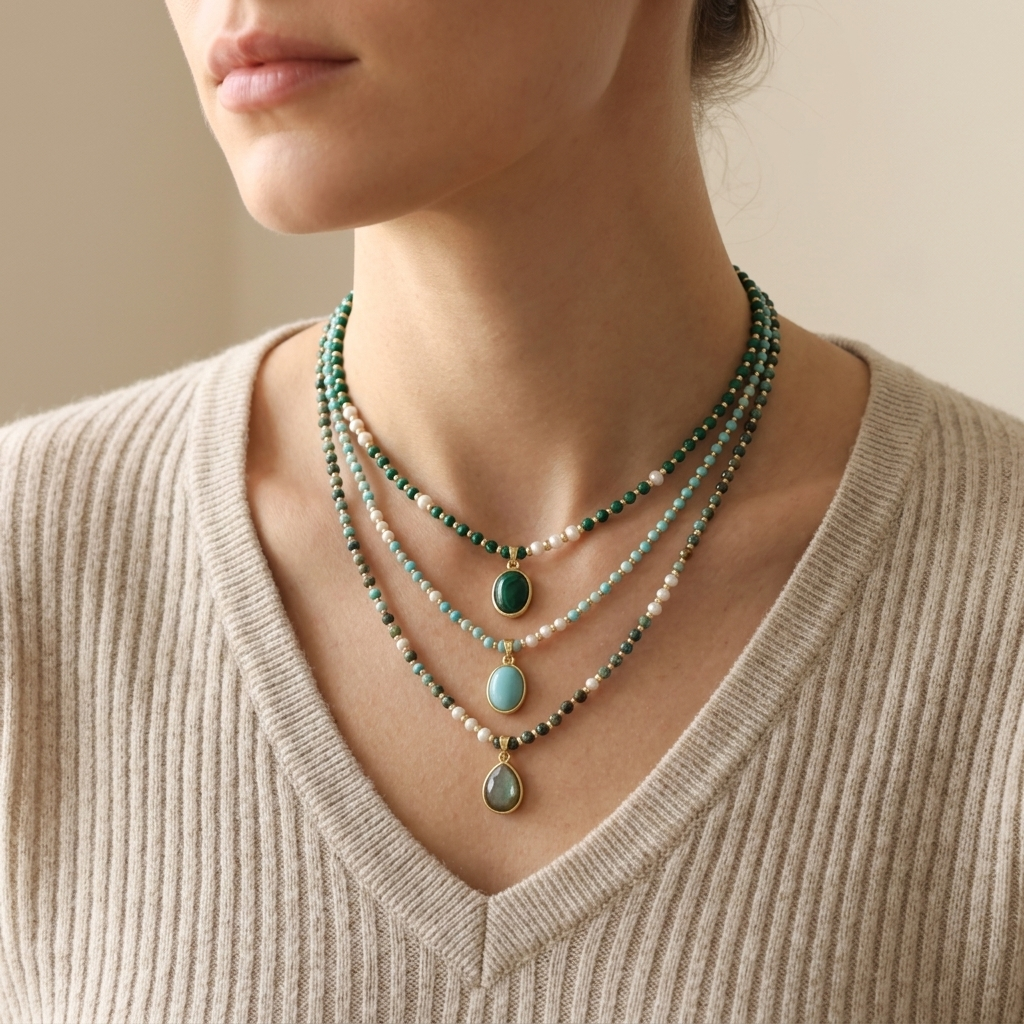 Handmade Customizable Natural Stone Beads Necklace With Natural Stone Pendant