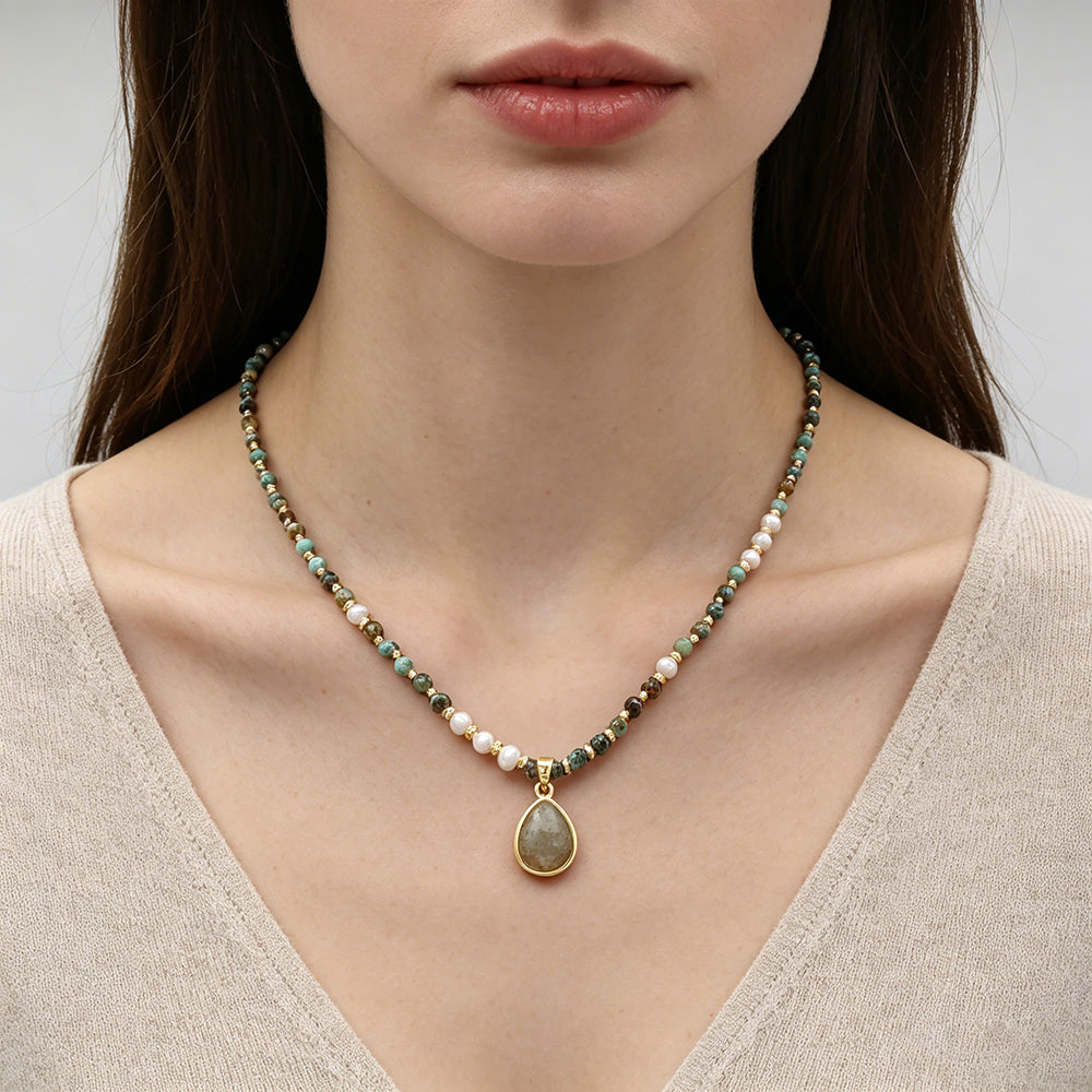 Handmade Customizable Natural Stone Beads Necklace With Natural Stone Pendant