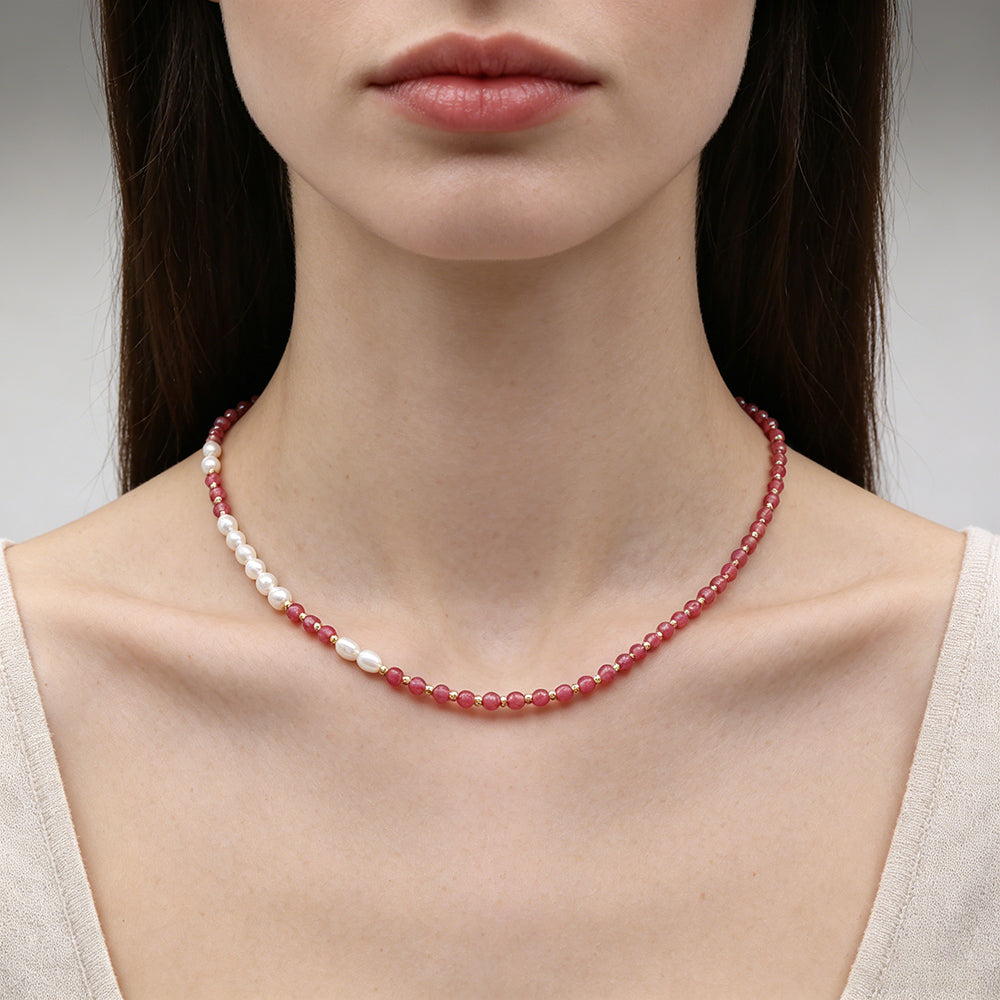 Handmade Customizable Natural Stone Beads Necklace With Fresh Water Pearl