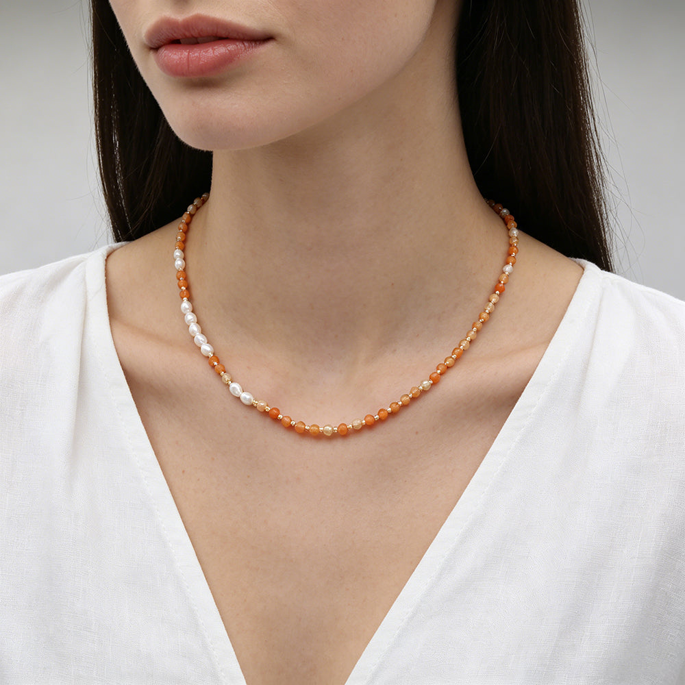 Handmade Customizable Natural Stone Beads Necklace With Fresh Water Pearl