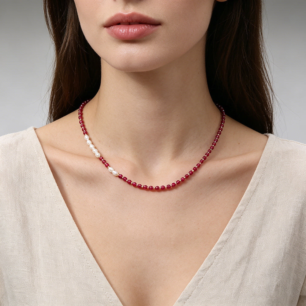 Handmade Customizable Natural Stone Beads Necklace With Fresh Water Pearl