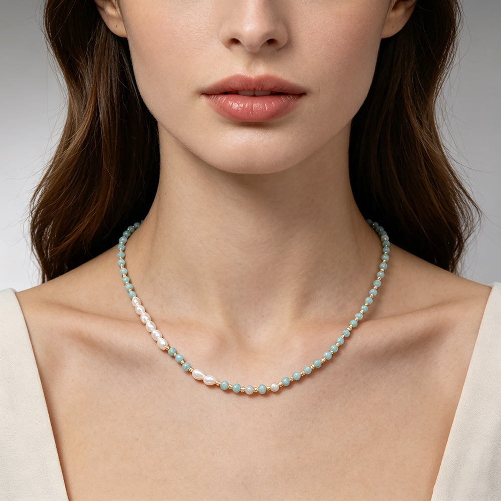 Handmade Customizable Natural Stone Beads Necklace With Fresh Water Pearl