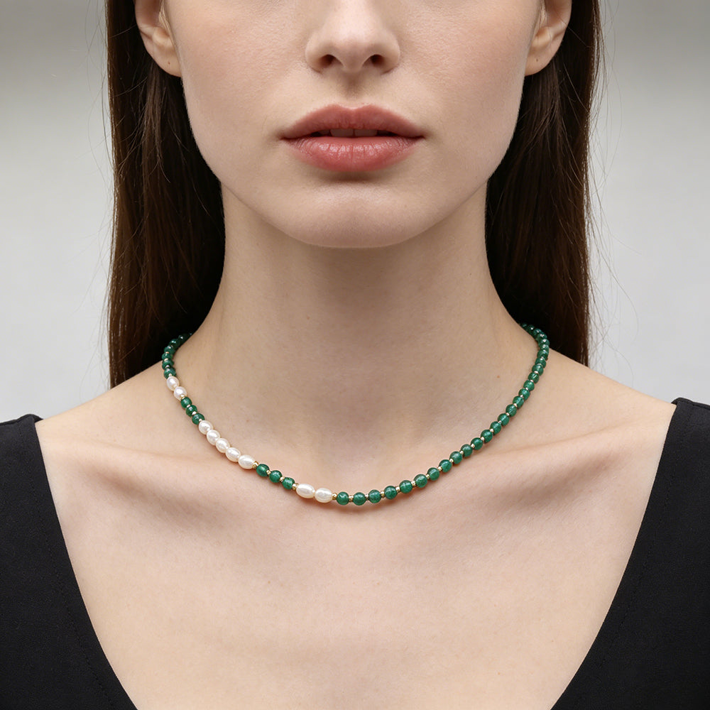 Handmade Customizable Natural Stone Beads Necklace With Fresh Water Pearl