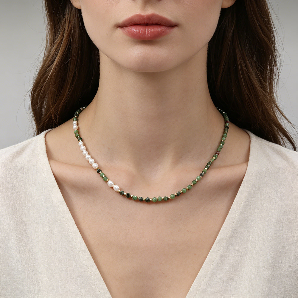 Handmade Customizable Natural Stone Beads Necklace With Fresh Water Pearl