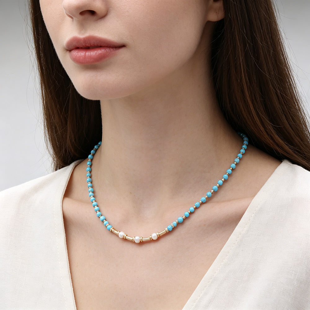 Handmade Customizable Natural Stone Beads Necklace With Fresh Water Pearl
