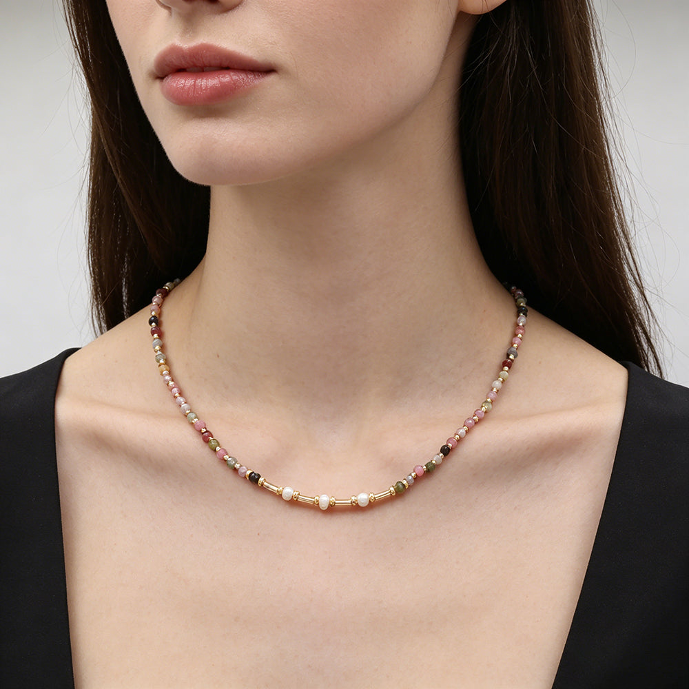 Handmade Customizable Natural Stone Beads Necklace With Fresh Water Pearl
