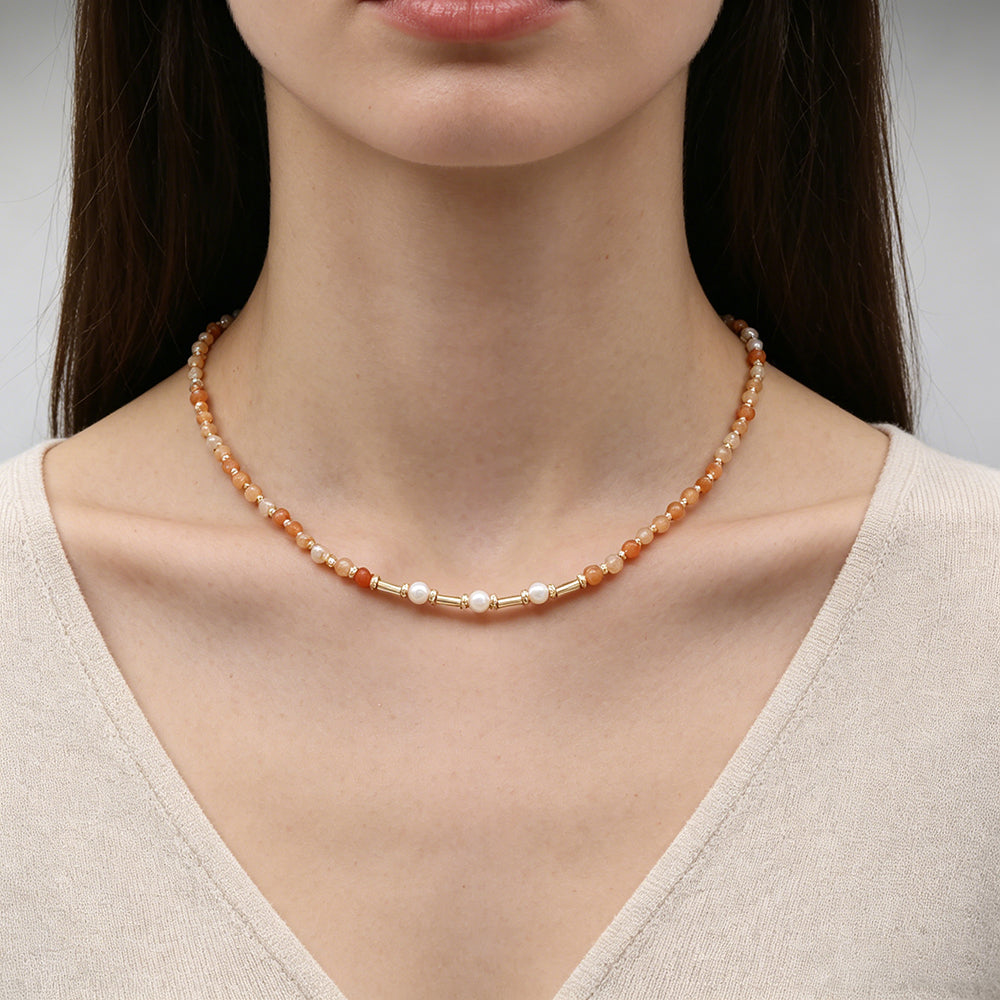 Handmade Customizable Natural Stone Beads Necklace With Fresh Water Pearl