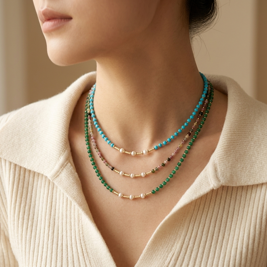Handmade Customizable Natural Stone Beads Necklace With Fresh Water Pearl