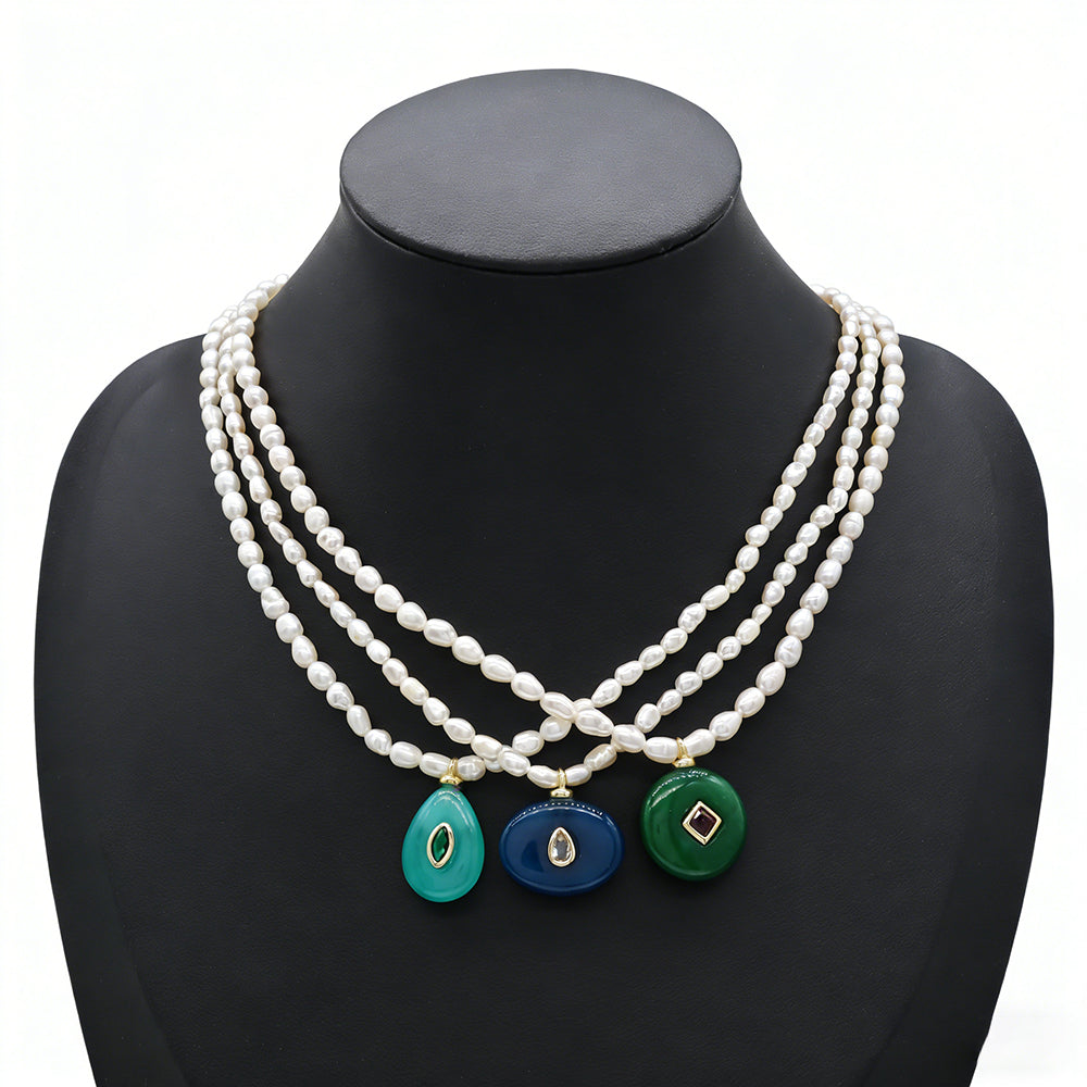 Handmade Customizable Fresh Water Pearl Necklace With Natural Stone Pendant