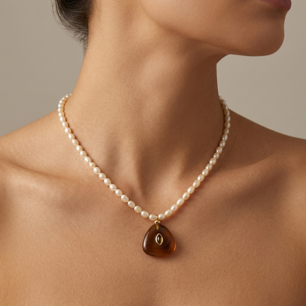 Handmade Customizable Fresh Water Pearl Necklace With Natural Stone Pendant