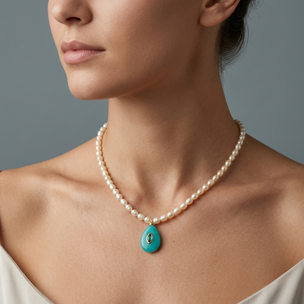 Handmade Customizable Fresh Water Pearl Necklace With Natural Stone Pendant