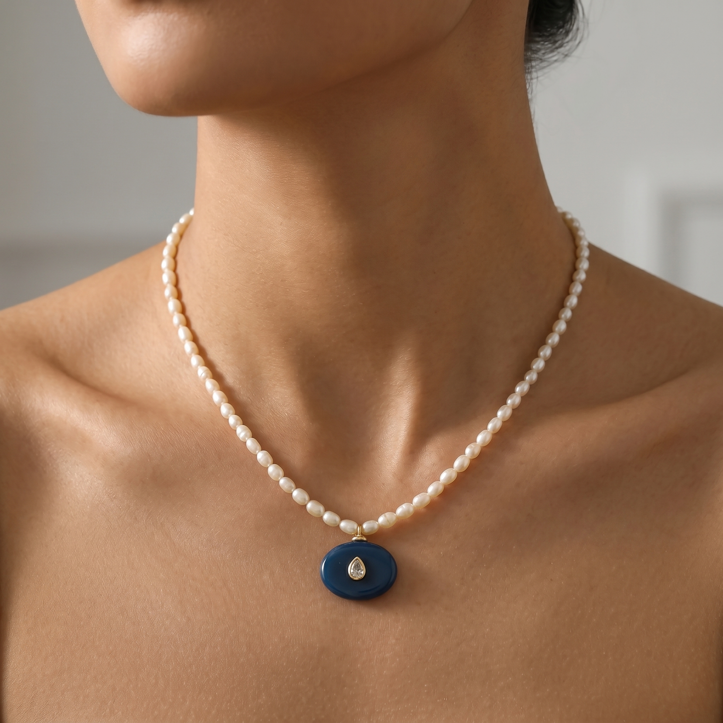 Handmade Customizable Fresh Water Pearl Necklace With Natural Stone Pendant