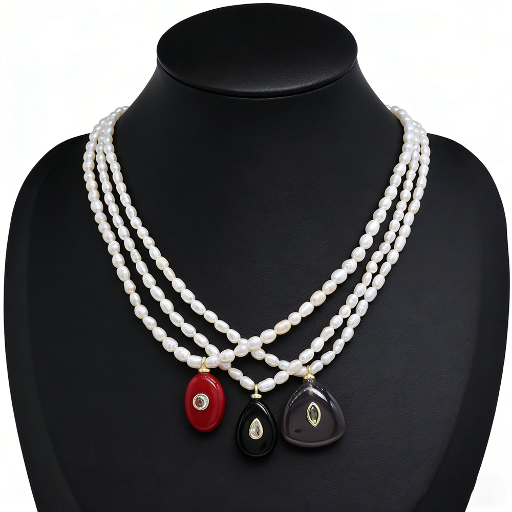 Handmade Customizable Fresh Water Pearl Necklace With Natural Stone Pendant