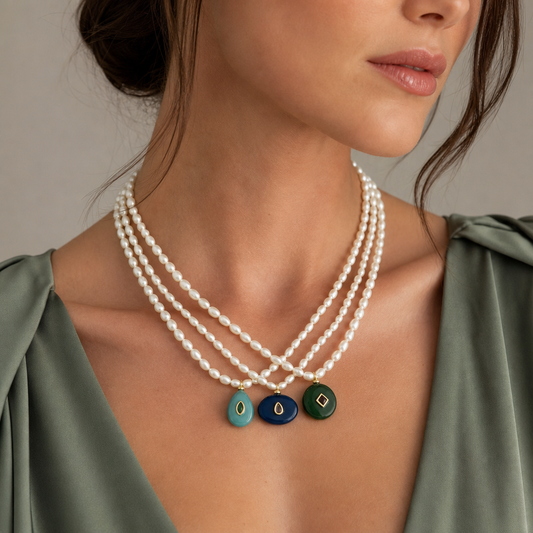 Handmade Customizable Fresh Water Pearl Necklace With Natural Stone Pendant