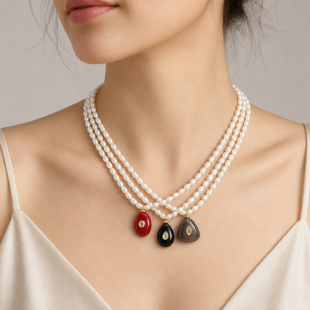 Handmade Customizable Fresh Water Pearl Necklace With Natural Stone Pendant
