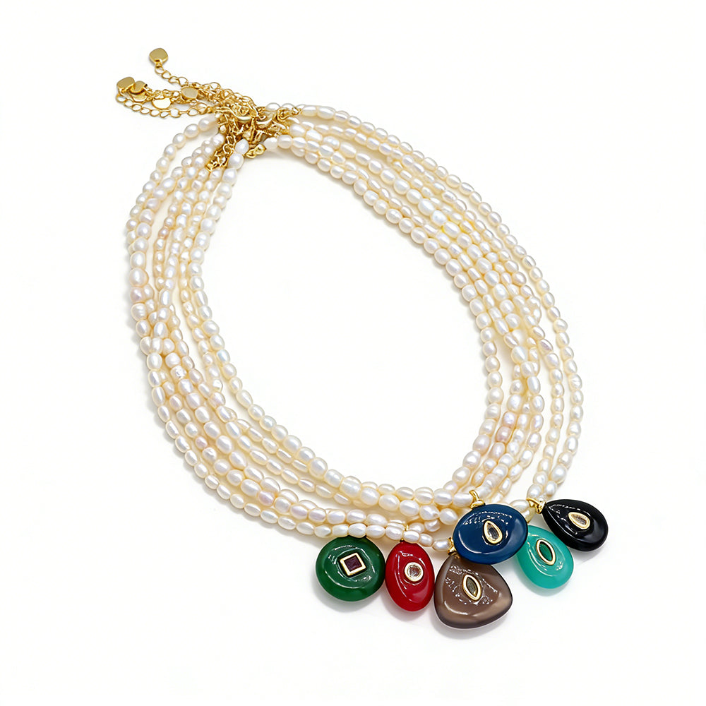 Handmade Customizable Fresh Water Pearl Necklace With Natural Stone Pendant