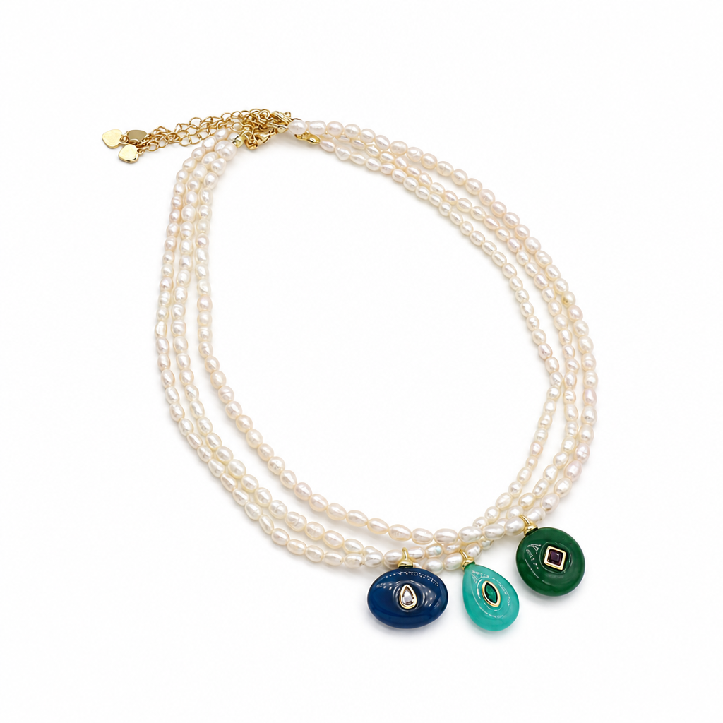 Handmade Customizable Fresh Water Pearl Necklace With Natural Stone Pendant