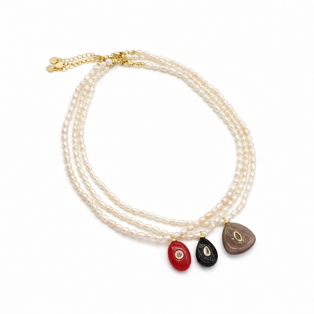 Handmade Customizable Fresh Water Pearl Necklace With Natural Stone Pendant
