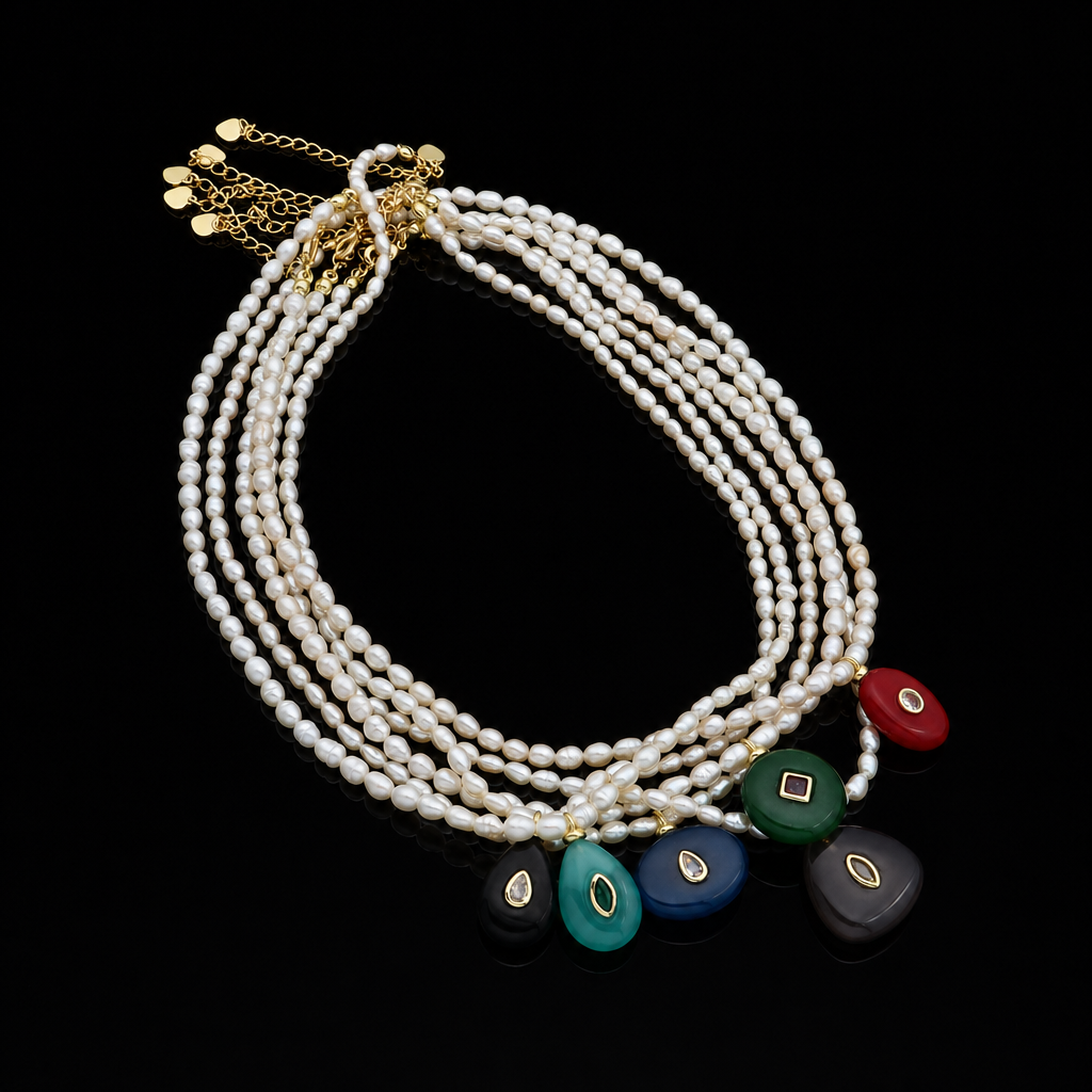 Handmade Customizable Fresh Water Pearl Necklace With Natural Stone Pendant