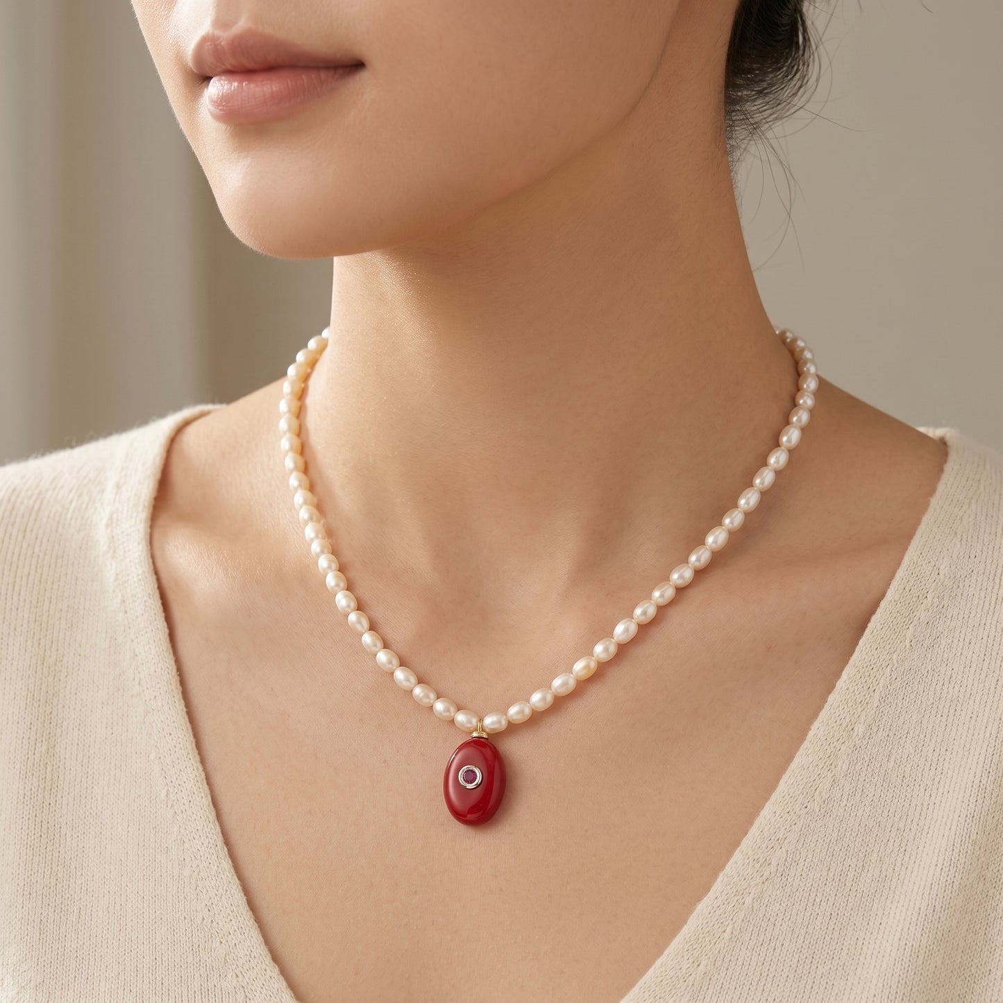 Handmade Customizable Fresh Water Pearl Necklace With Natural Stone Pendant