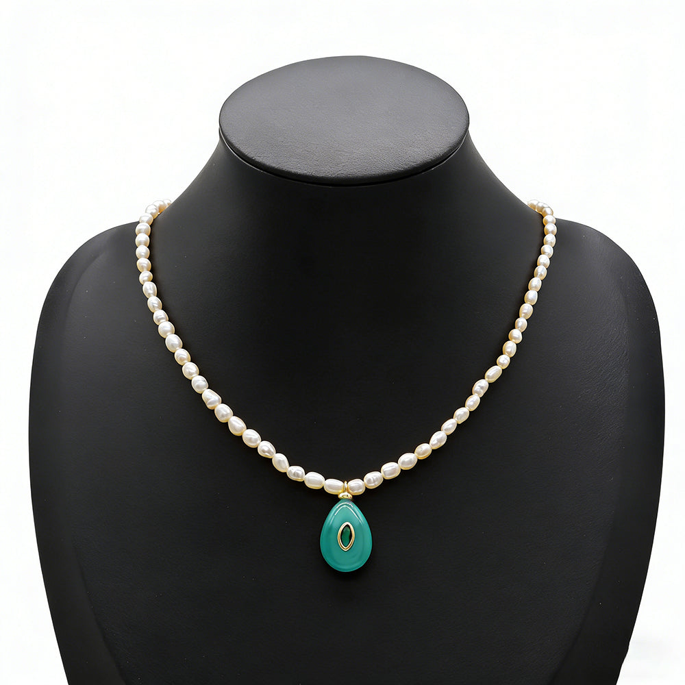 Handmade Customizable Fresh Water Pearl Necklace With Natural Stone Pendant