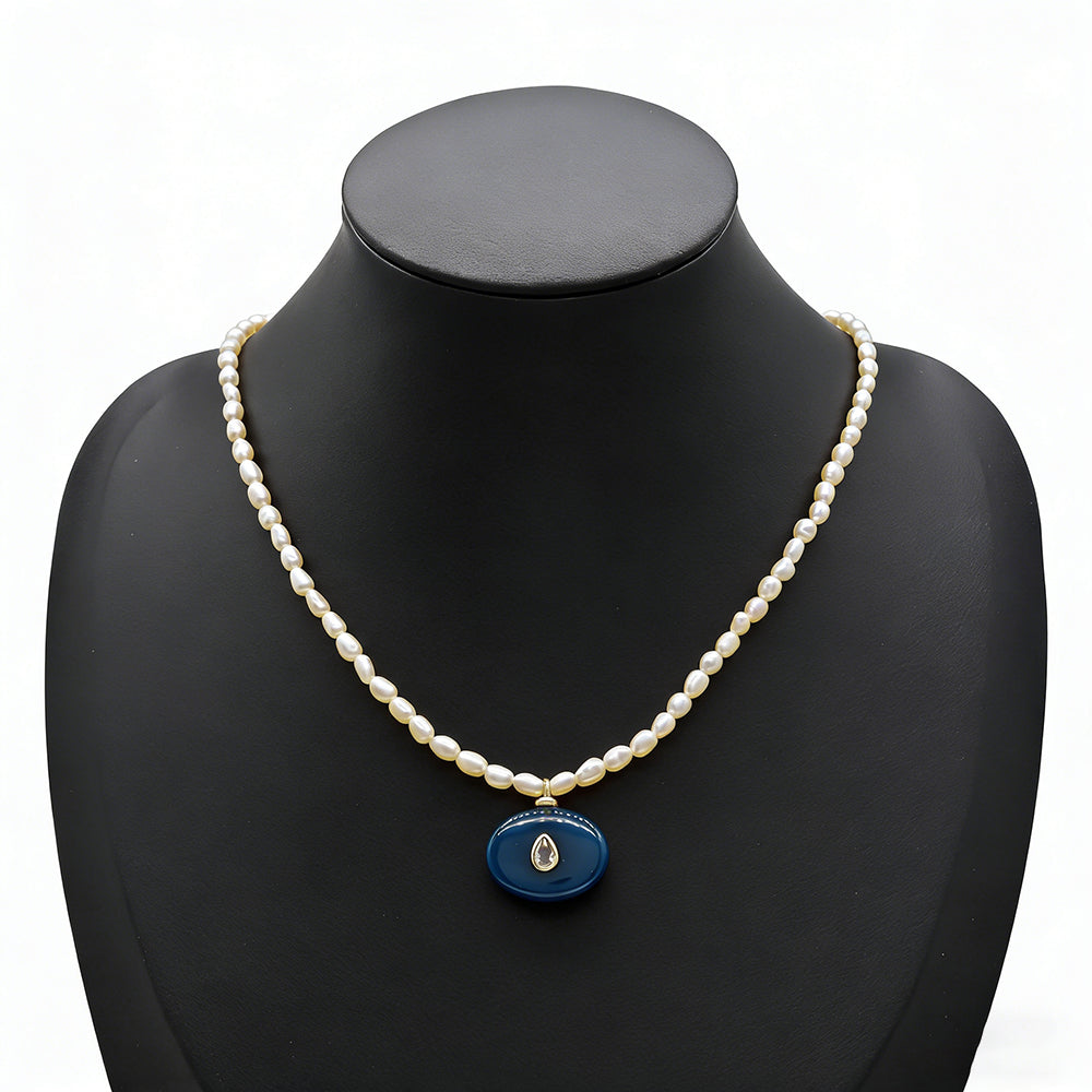 Handmade Customizable Fresh Water Pearl Necklace With Natural Stone Pendant