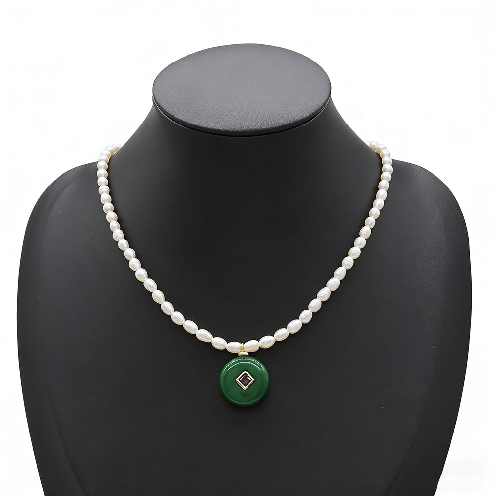 Handmade Customizable Fresh Water Pearl Necklace With Natural Stone Pendant