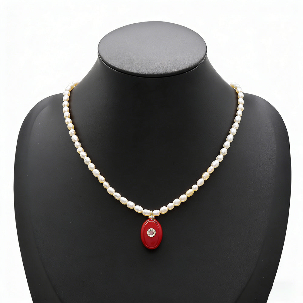 Handmade Customizable Fresh Water Pearl Necklace With Natural Stone Pendant