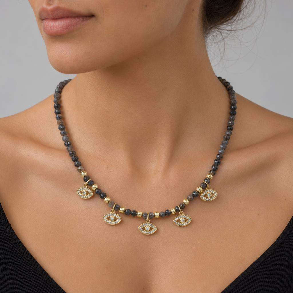 Handmade Customizable Natural Stone Beads Necklace With Brass Pendant