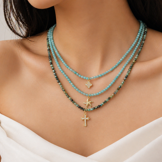 Handmade Customizable Natural Stone Beads Necklace With Brass Pendant