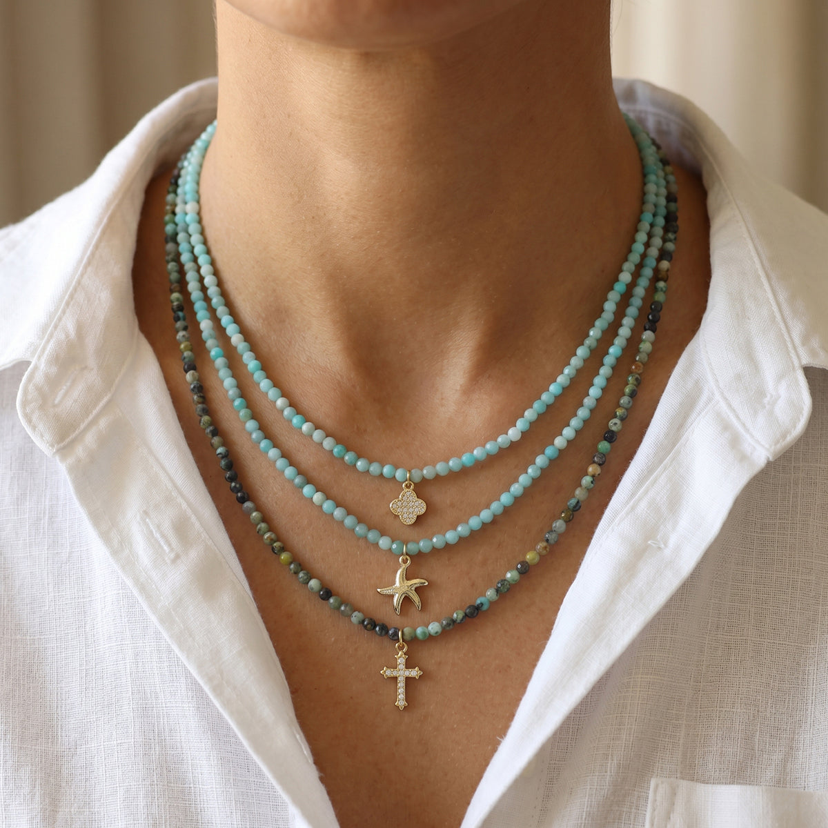 Handmade Customizable Natural Stone Beads Necklace With Brass Pendant