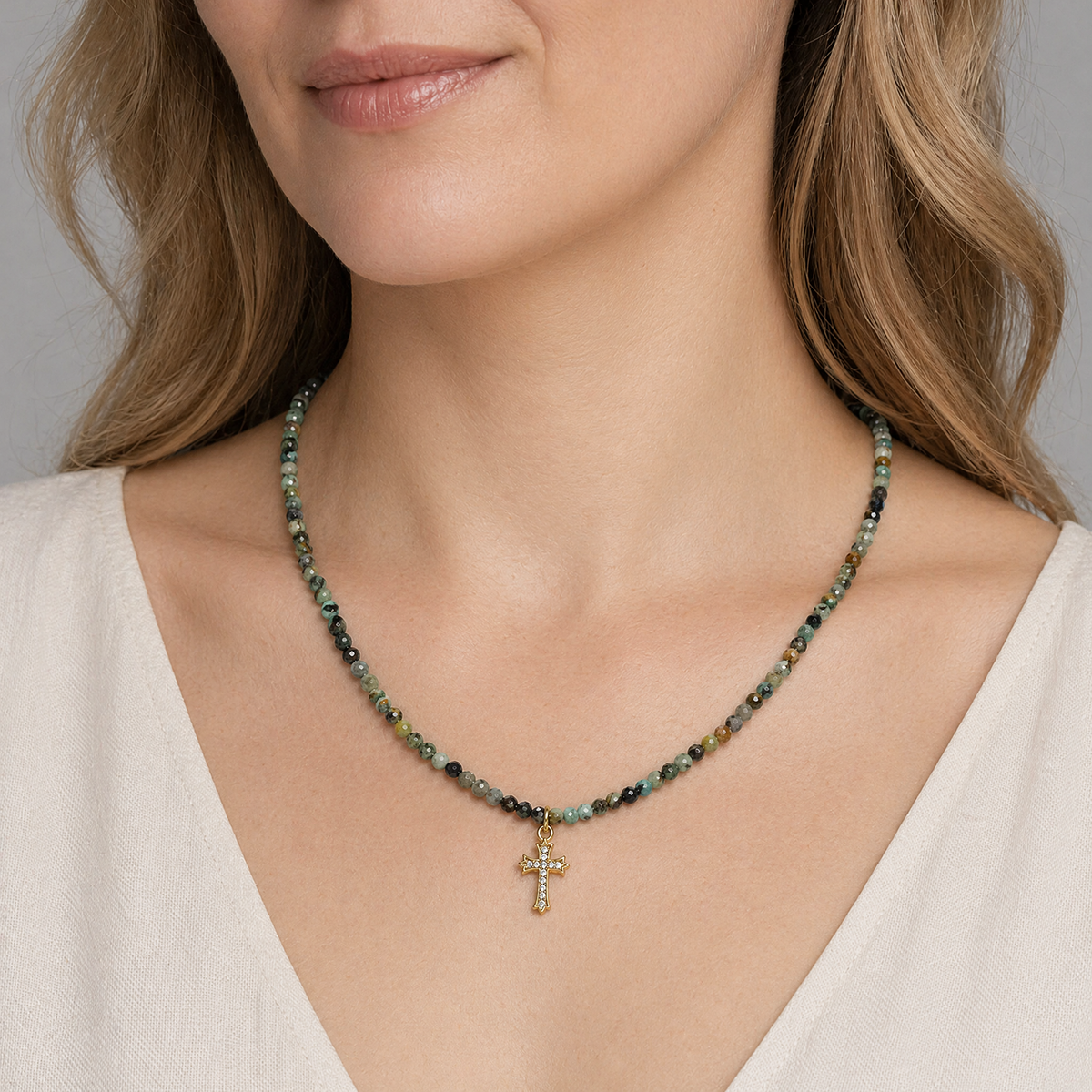 Handmade Customizable Natural Stone Beads Necklace With Brass Pendant